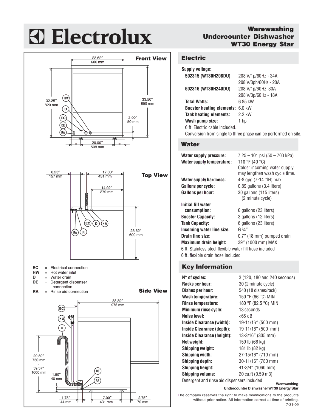 Electrolux 502315 warranty Warewashing Undercounter Dishwasher WT30 Energy Star, Electric, Water, Key Information 