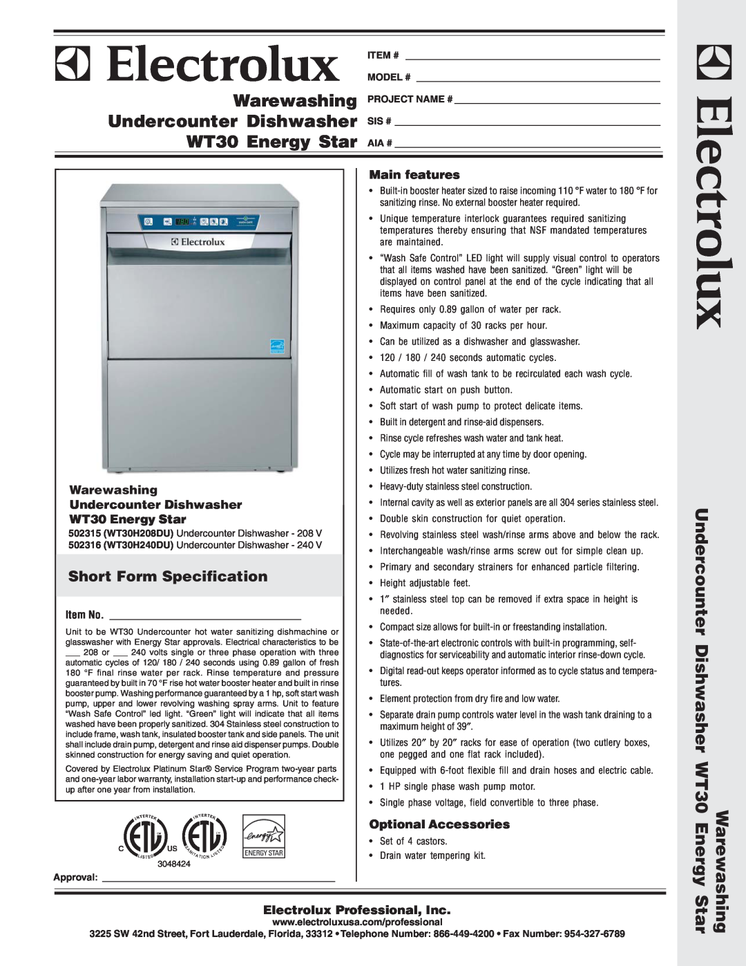 Electrolux 502315 warranty Short Form Specification, Main features, Warewashing, Undercounter Dishwasher, WT30 Energy Star 
