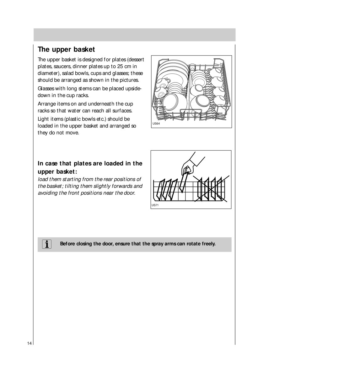 Electrolux 5041 operating instructions Upper basket, Case that plates are loaded in the upper basket 