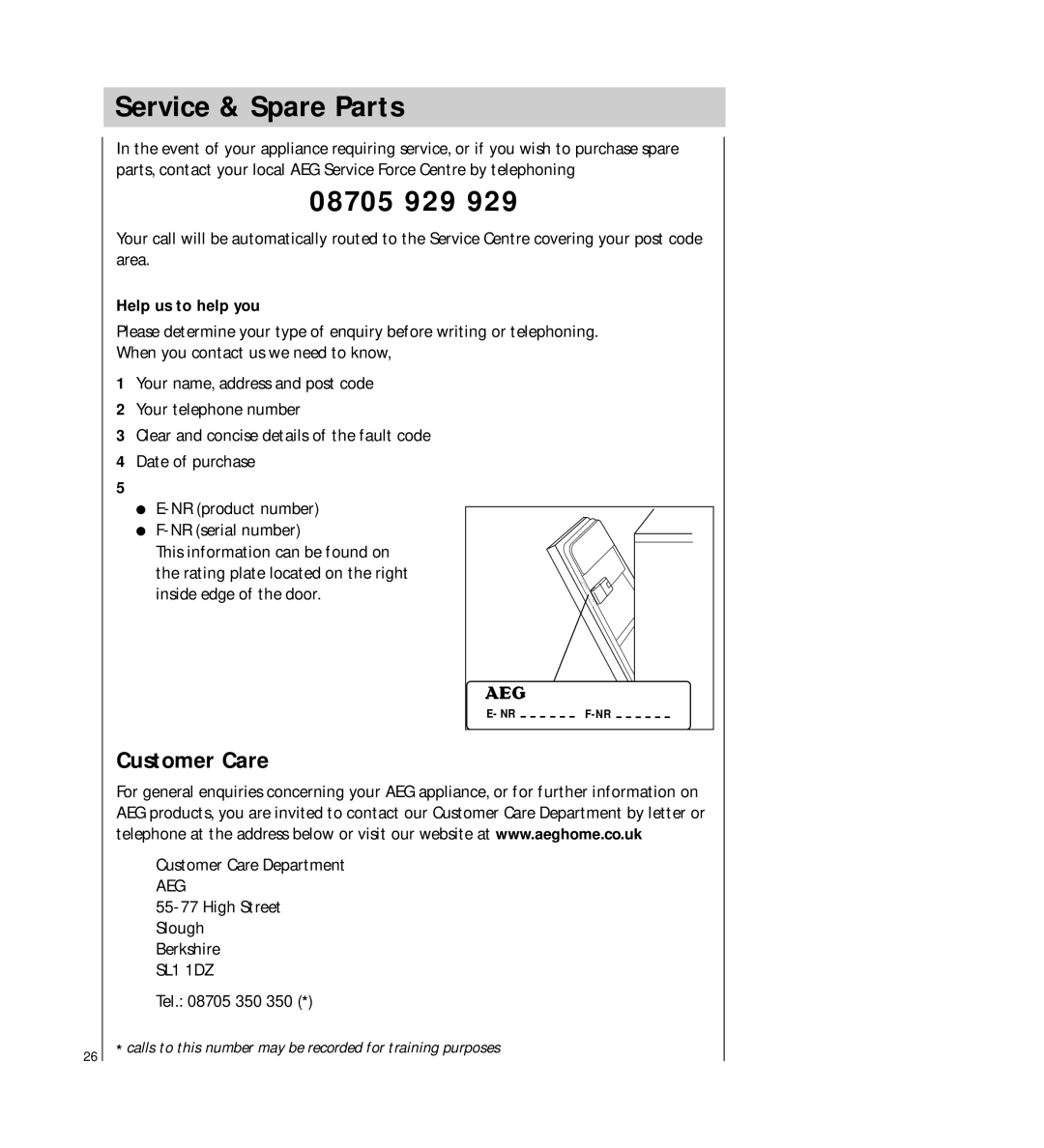 Electrolux 5041 operating instructions Service & Spare Parts, 08705 929, Customer Care, Help us to help you 