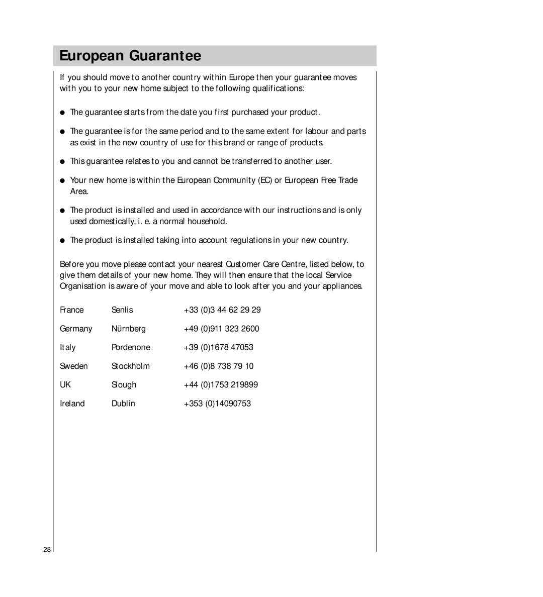 Electrolux 5041 operating instructions European Guarantee 