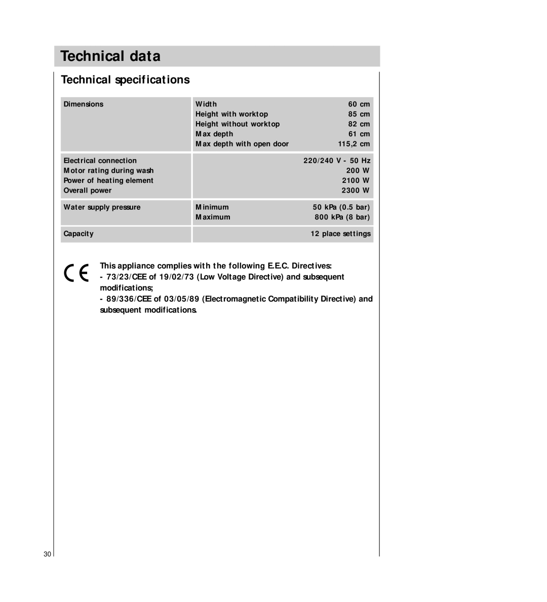 Electrolux 5041 operating instructions Technical data, Technical specifications 