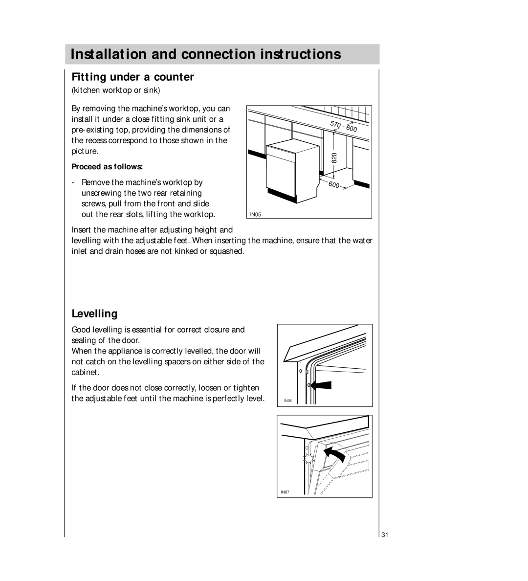 Electrolux 5041 Installation and connection instructions, Fitting under a counter, Levelling, Proceed as follows 