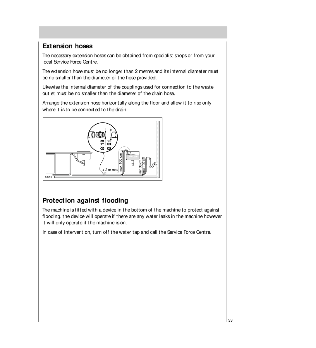 Electrolux 5041 operating instructions Extension hoses, Protection against flooding 