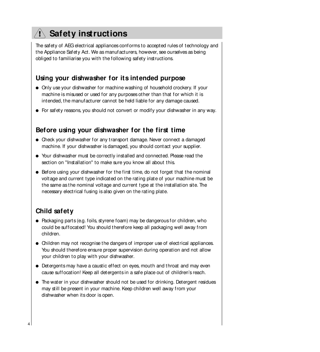 Electrolux 5041 operating instructions Safety instructions, Using your dishwasher for its intended purpose, Child safety 