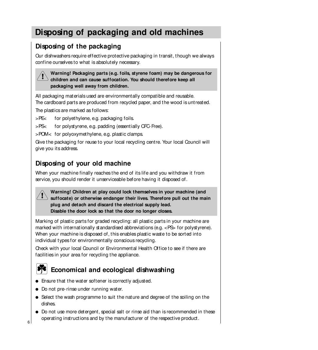 Electrolux 5041 Disposing of packaging and old machines, Disposing of the packaging, Disposing of your old machine 