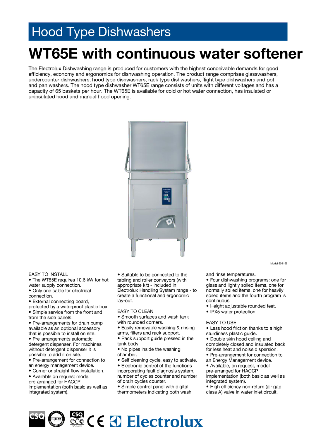 Electrolux 504156 manual WT65E with continuous water softener, Easy to Install, Easy to Clean, Easy to USE 