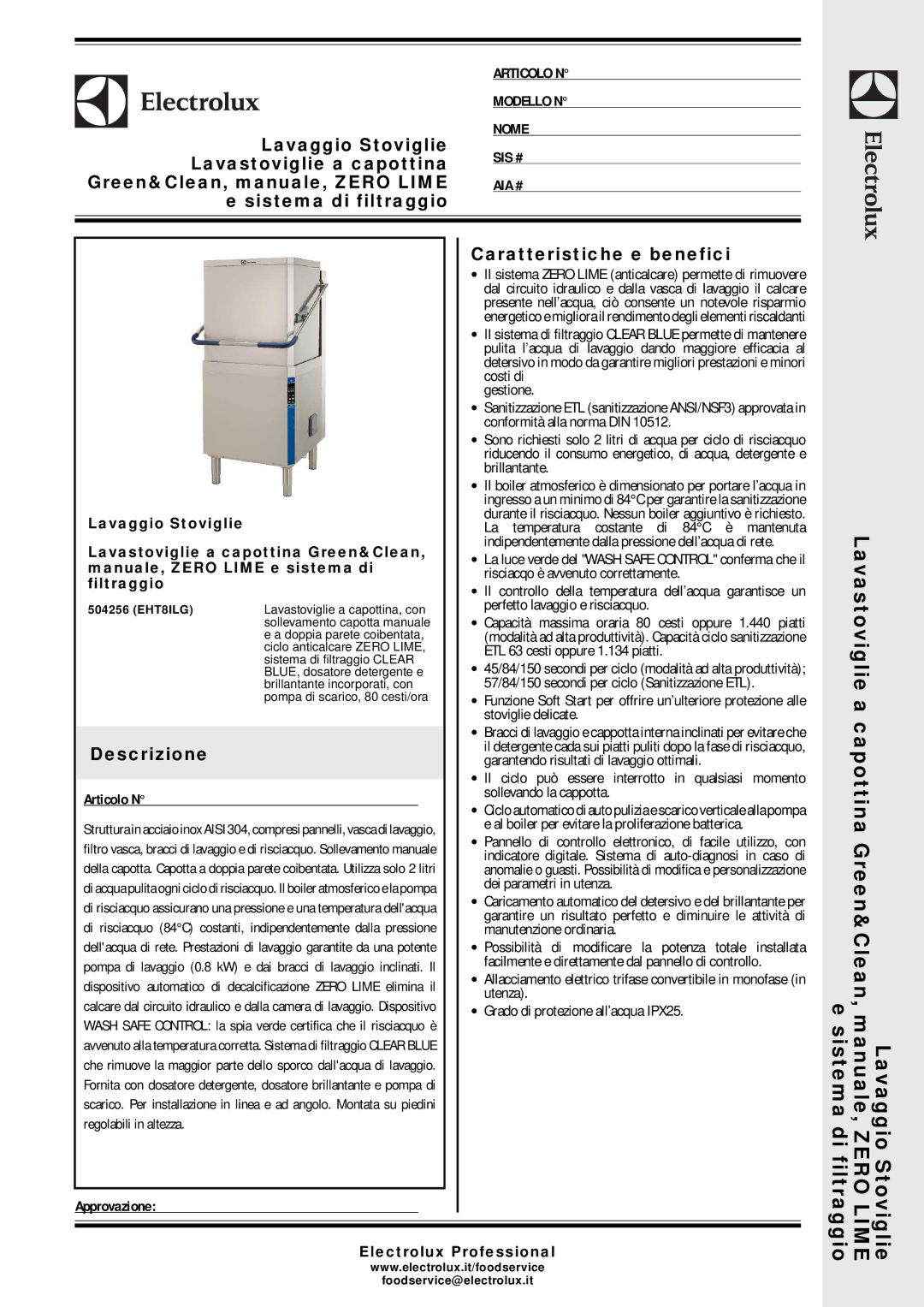 Electrolux 504256 (EHT8ILG) manual Lavaggio Stoviglie, Lavastoviglie a capottina Green&Clean, manuale, Zero Lime 