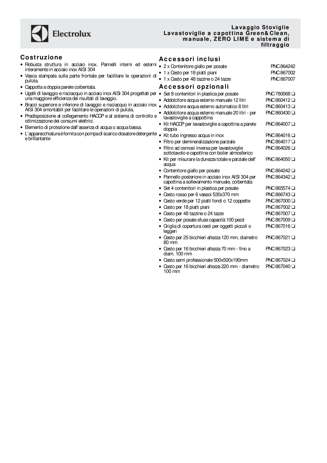 Electrolux 504256 (EHT8ILG) manual Costruzione, Accessori inclusi, Accessori opzionali, Pnc 