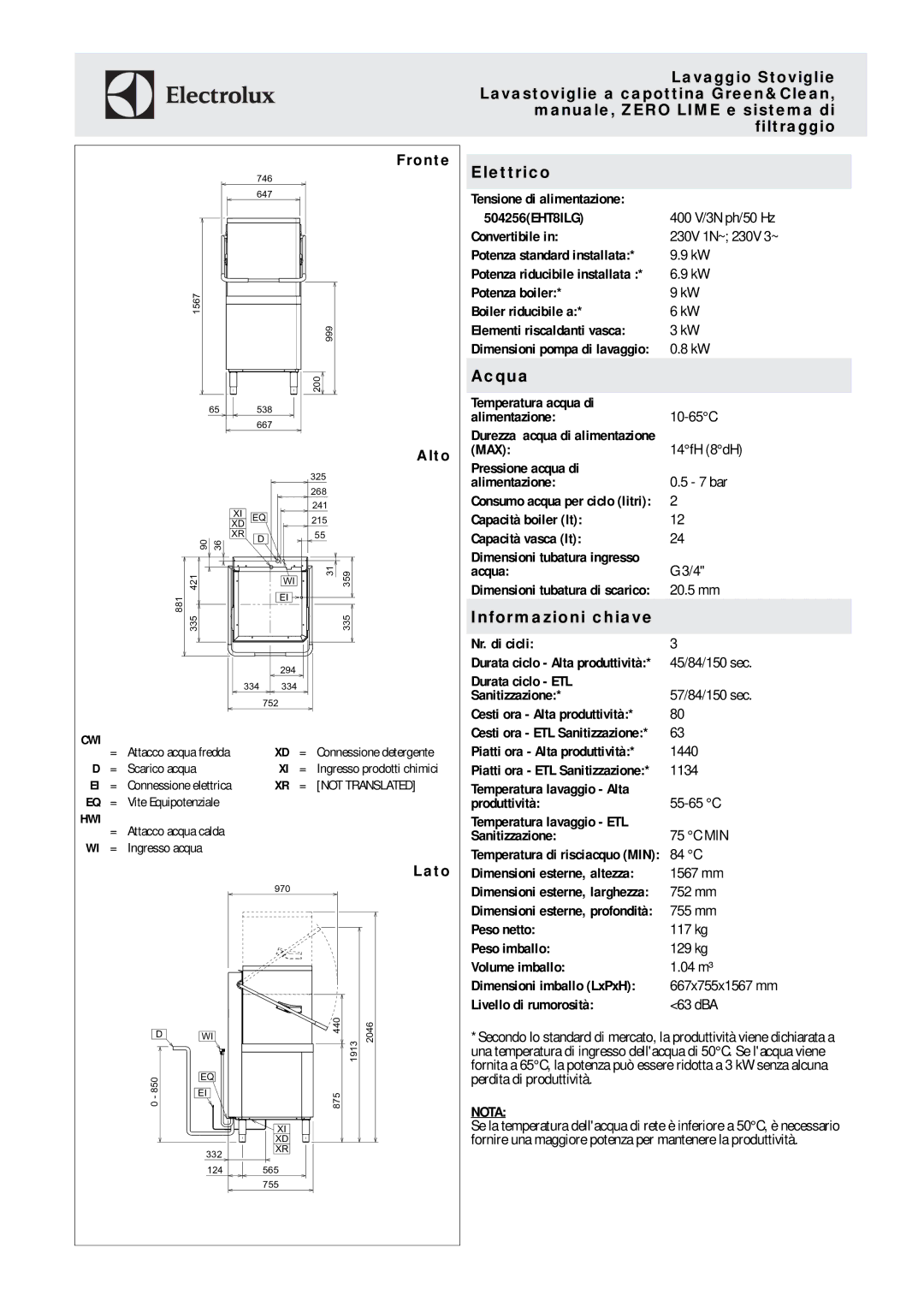 Electrolux 504256 (EHT8ILG) manual Fronte, Alto, Lato 