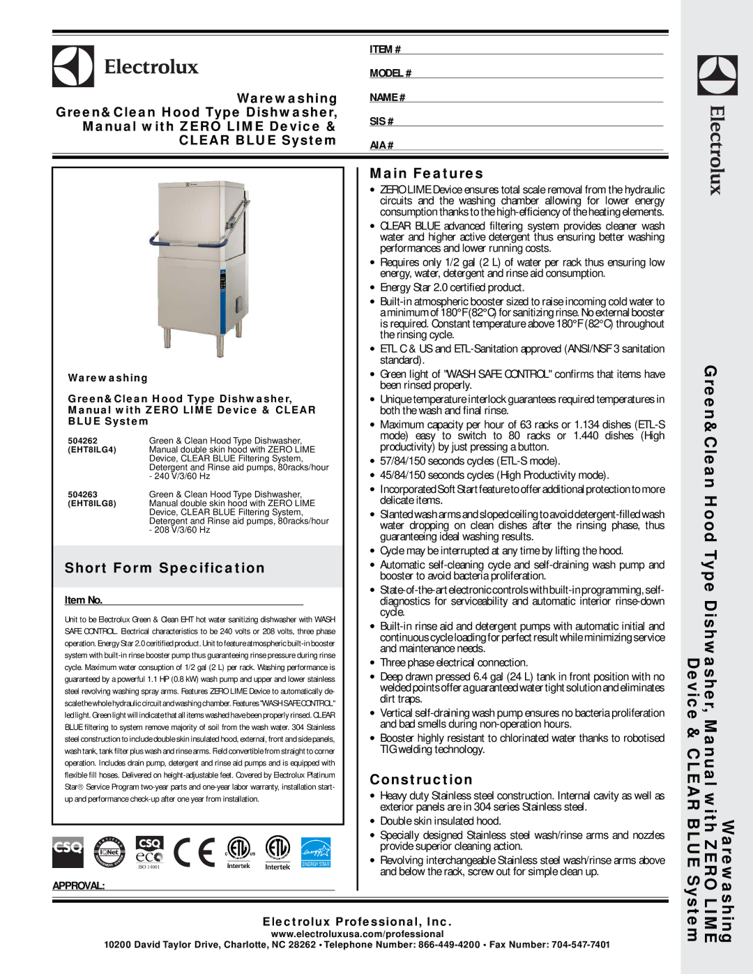 Electrolux 504262 warranty Short Form Specification, Main Features, Construction, ∙ Energy Star 2.0 certified product 