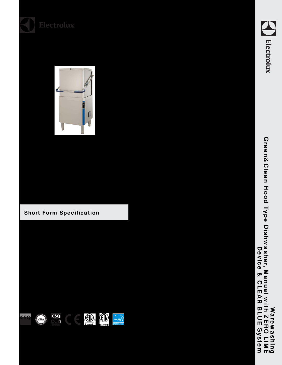 Electrolux 504262 warranty Short Form Specification, Main Features, Construction, Electrolux Professional, Inc, Lime 
