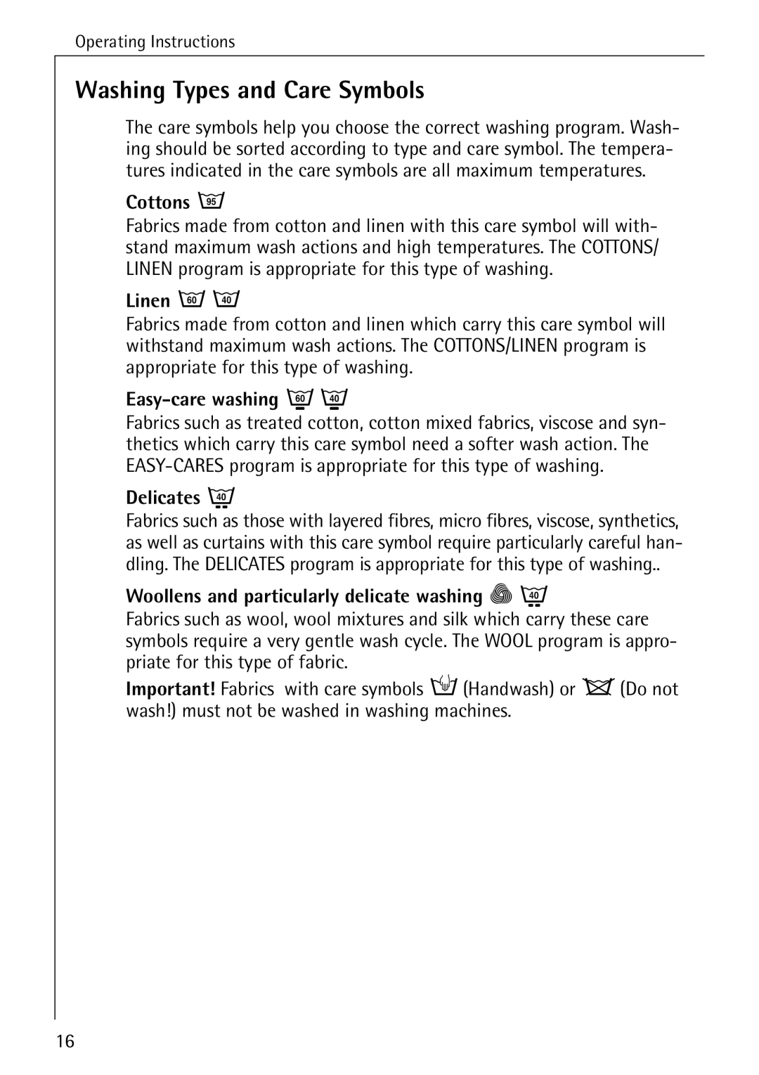 Electrolux 50435 manual Washing Types and Care Symbols 