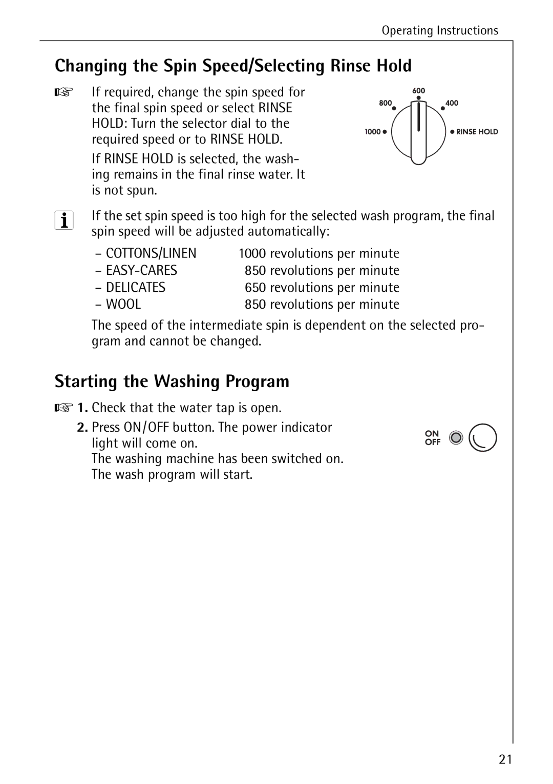 Electrolux 50435 manual Changing the Spin Speed/Selecting Rinse Hold, Starting the Washing Program 