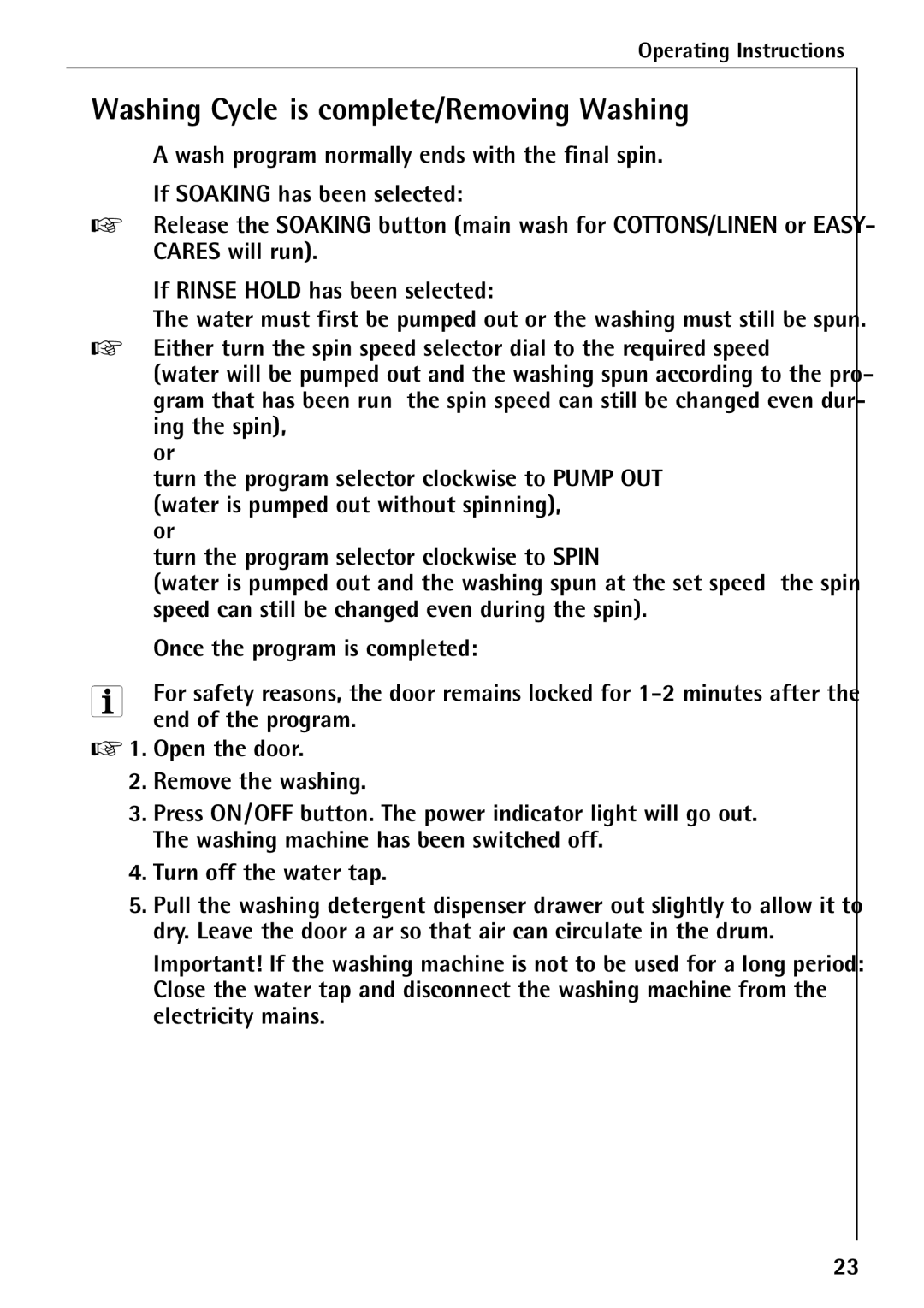 Electrolux 50435 manual Washing Cycle is complete/Removing Washing, Wash program normally ends with the final spin 