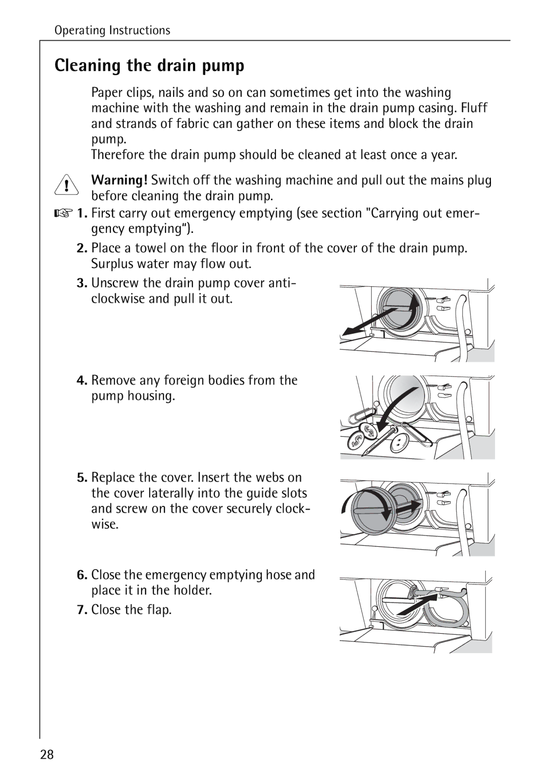 Electrolux 50435 manual Cleaning the drain pump, Pump, Before cleaning the drain pump, Gency emptying 