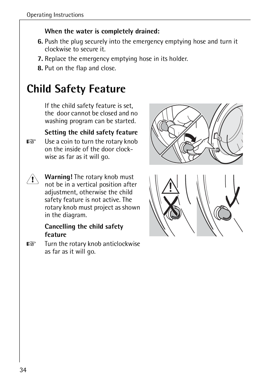 Electrolux 50435 manual Child Safety Feature, When the water is completely drained, Wise as far as it will go 