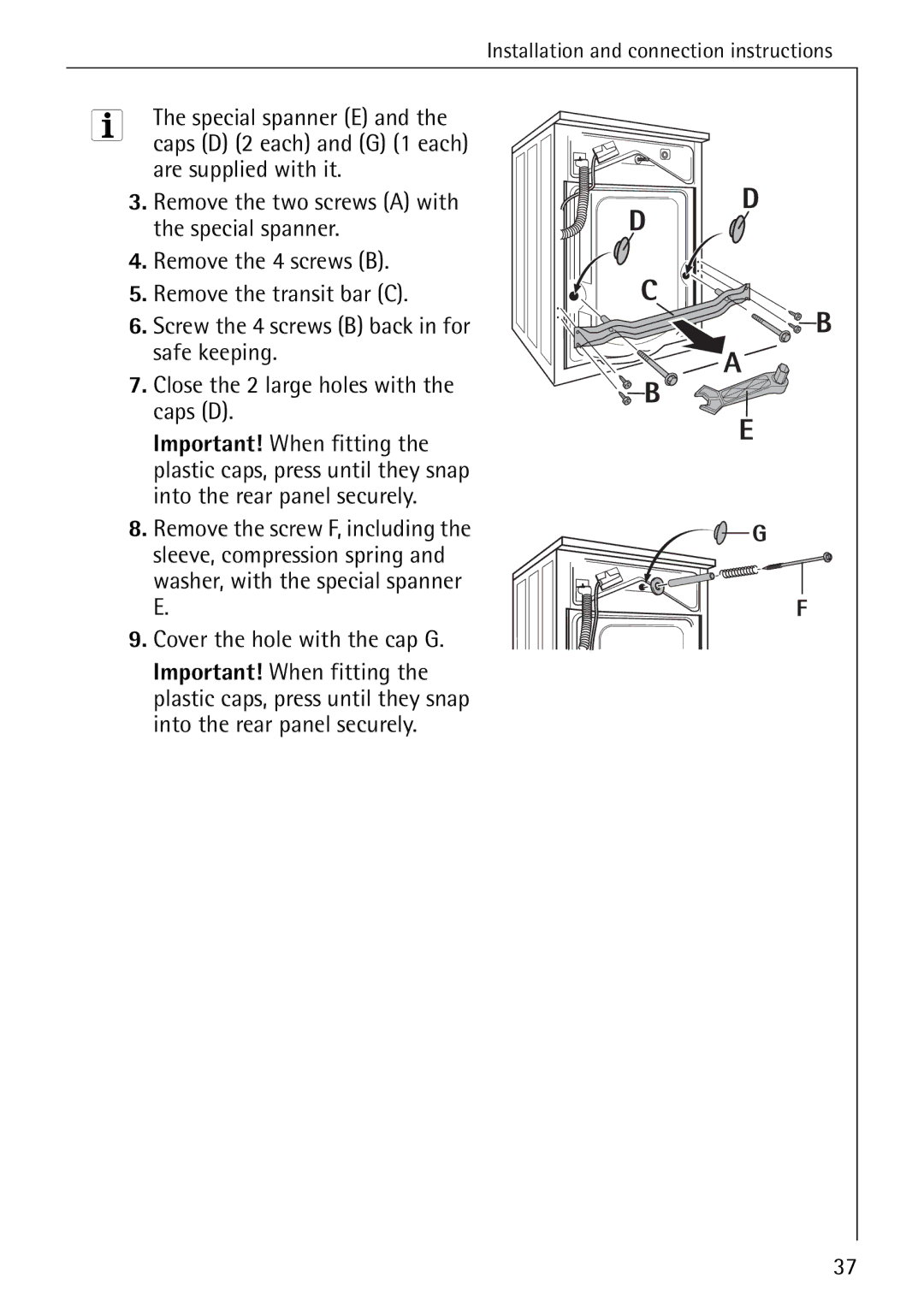 Electrolux 50435 manual Installation and connection instructions Special spanner E 