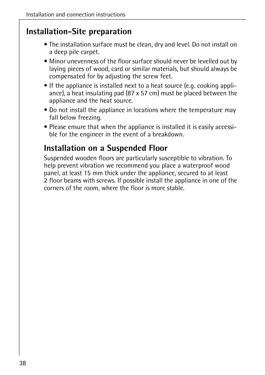 Electrolux 50435 manual Installation-Site preparation, Installation on a Suspended Floor 