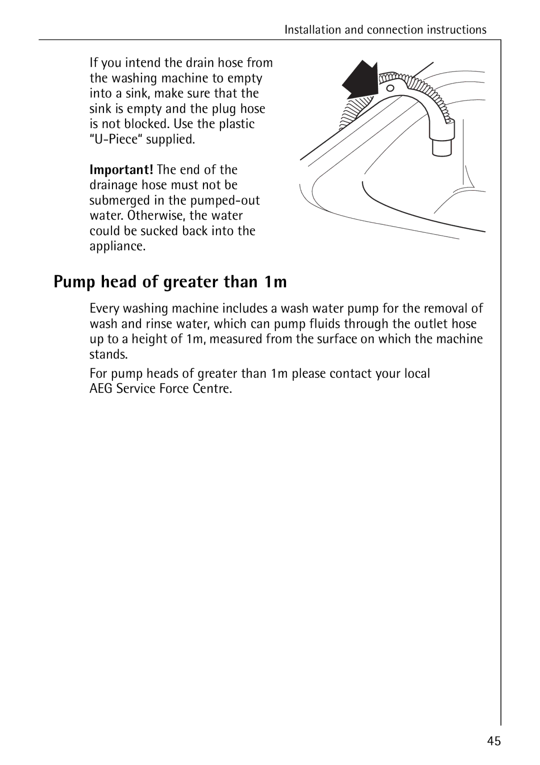 Electrolux 50435 manual Pump head of greater than 1m 