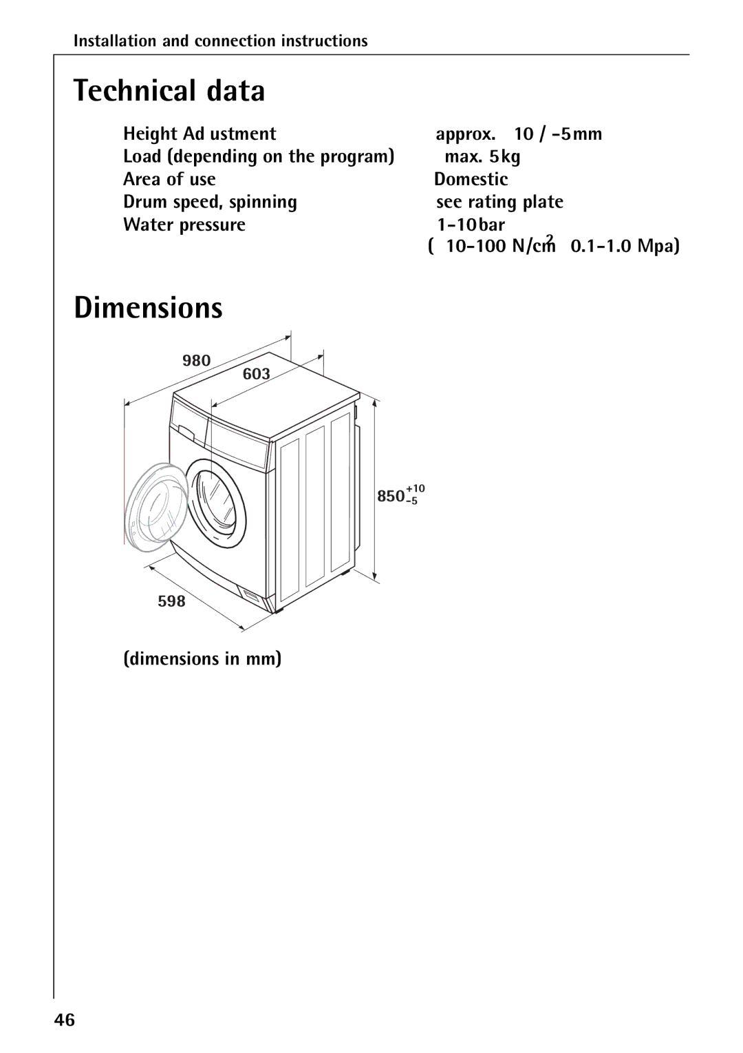 Electrolux 50435 manual Technical data, Dimensions in mm 