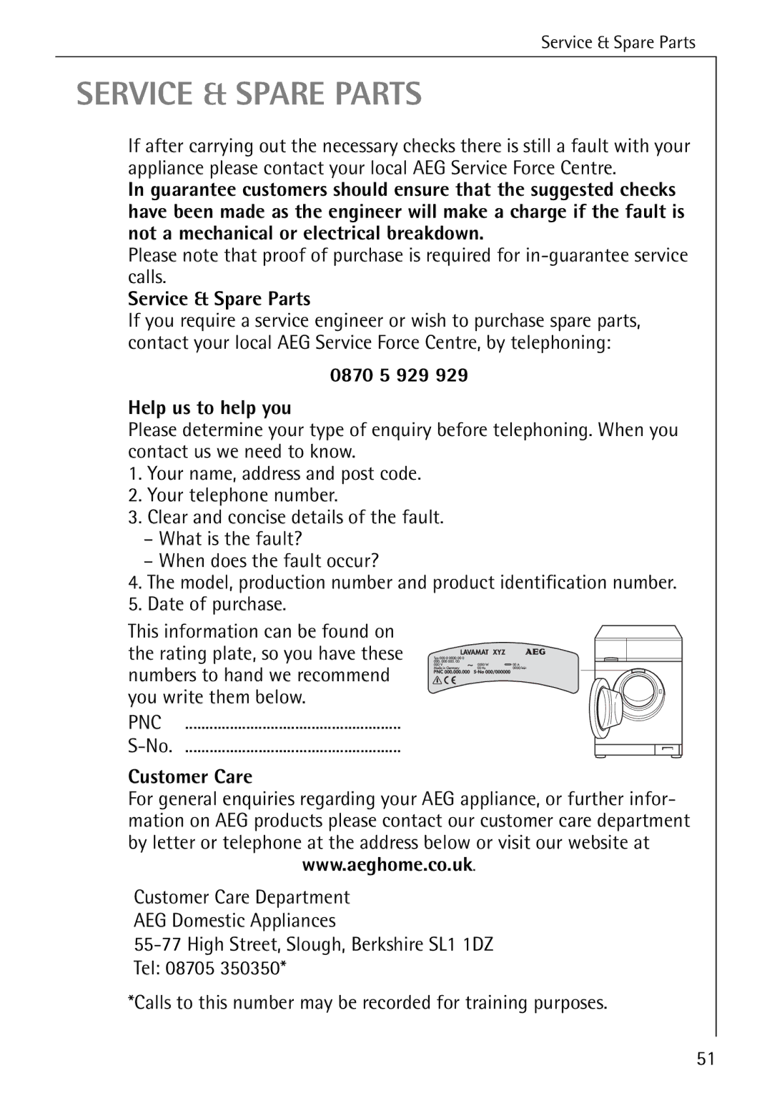 Electrolux 50435 manual Service & Spare Parts, 0870 5 929 Help us to help you, Pnc, Customer Care 