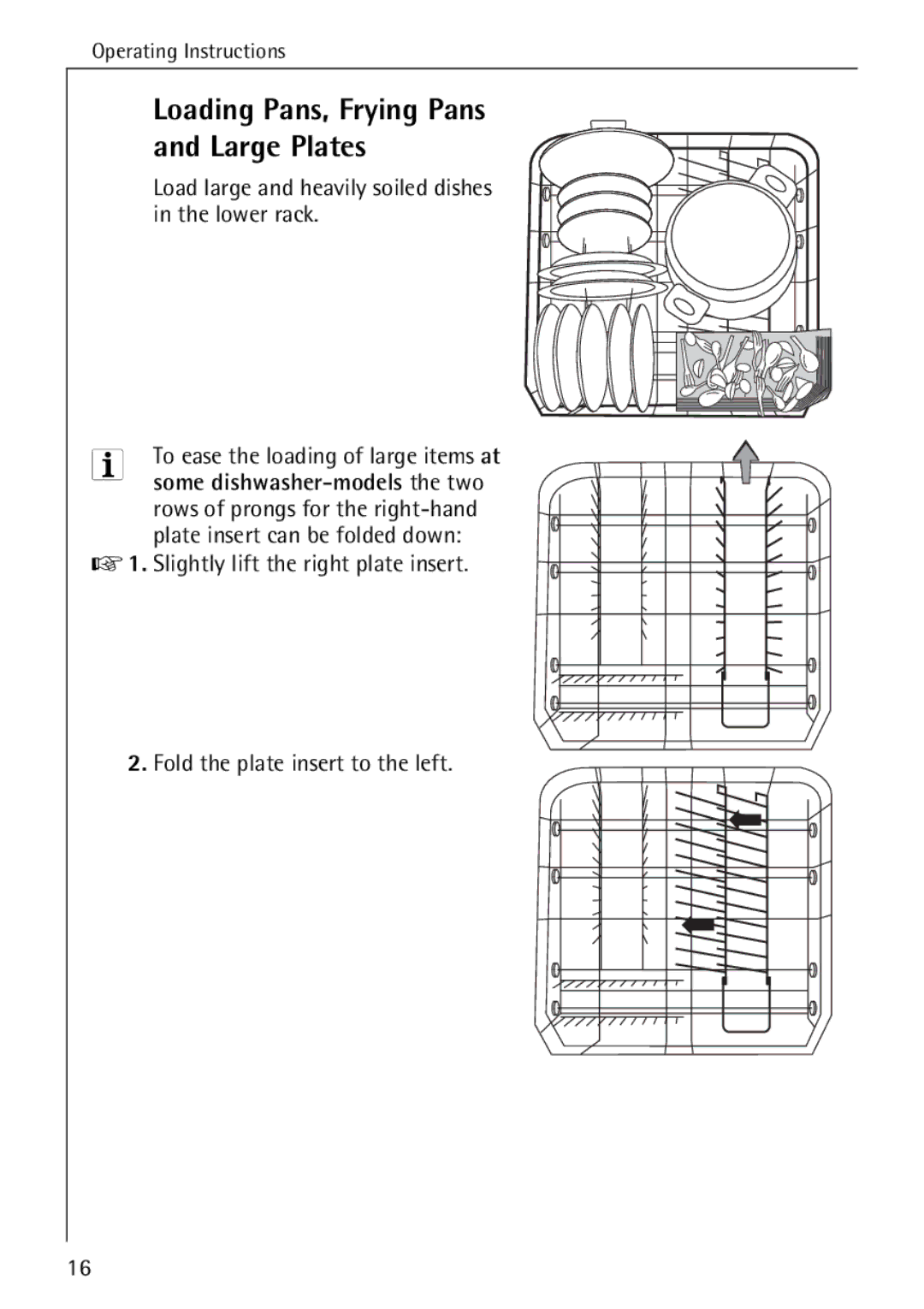 Electrolux 50500 manual Loading Pans, Frying Pans and Large Plates, Load large and heavily soiled dishes in the lower rack 