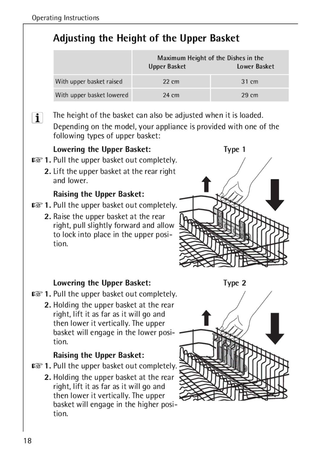 Electrolux 50500 manual Adjusting the Height of the Upper Basket, Lowering the Upper Basket Type, Raising the Upper Basket 