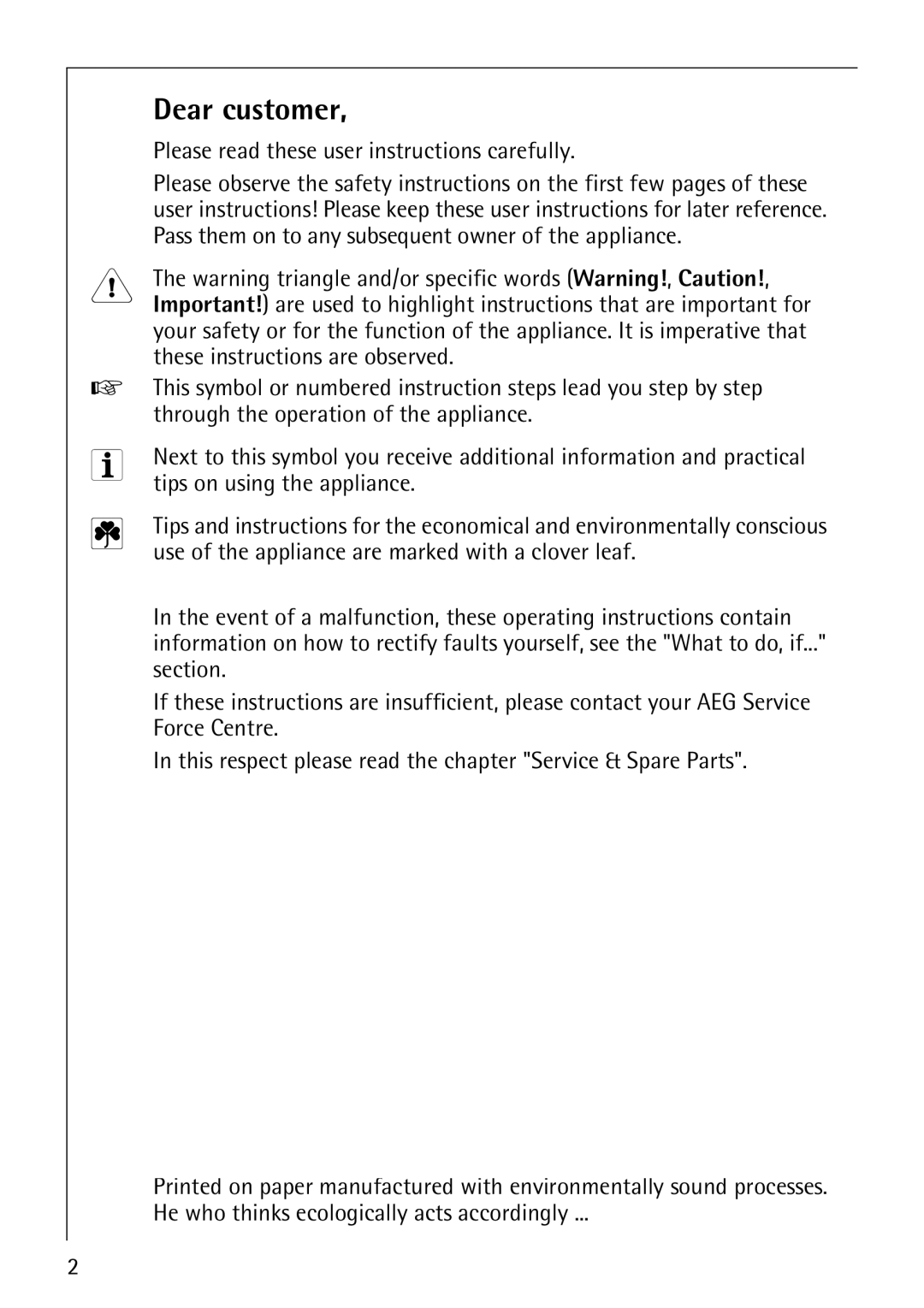 Electrolux 50500 manual Dear customer, Please read these user instructions carefully, Tips on using the appliance 