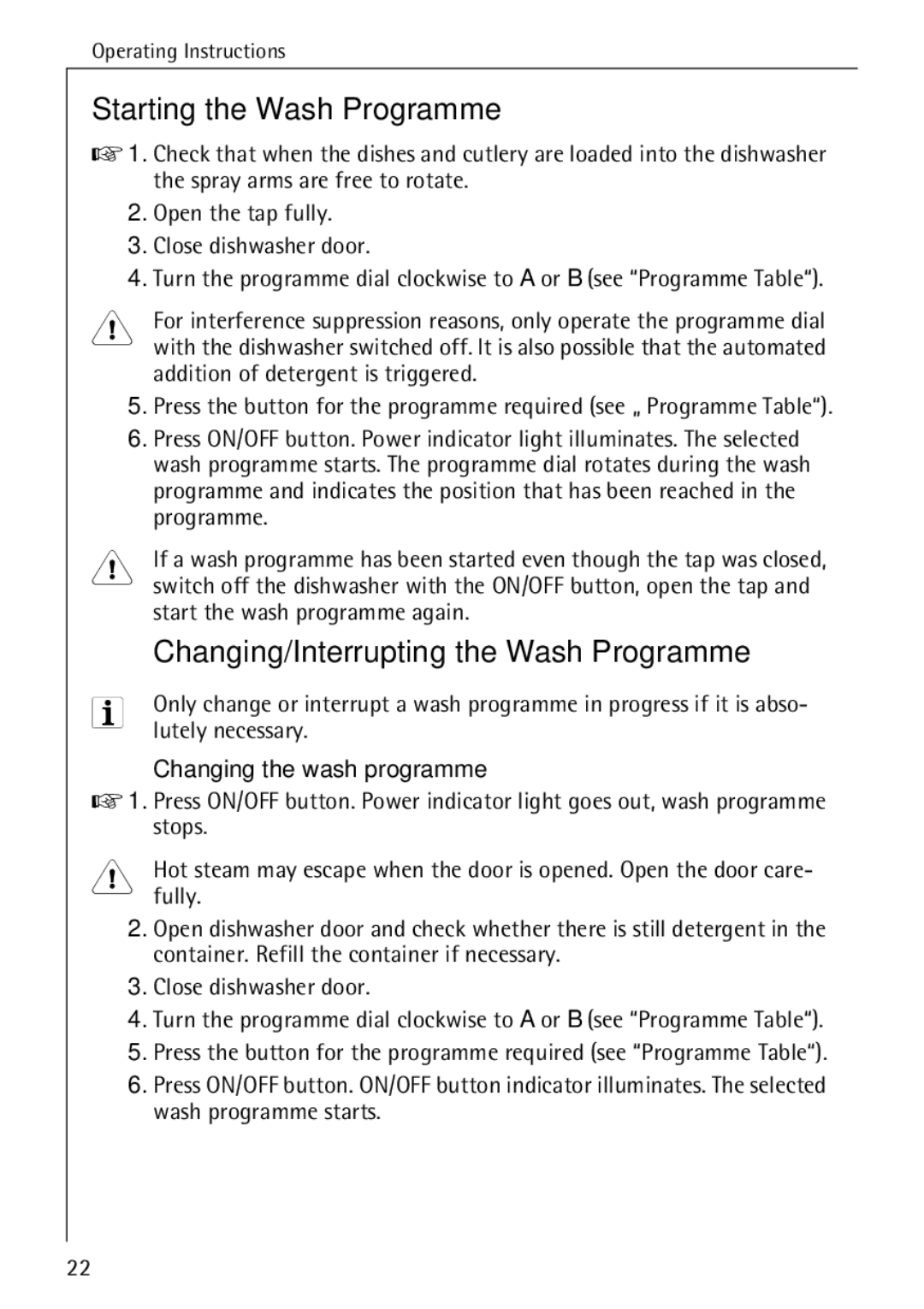 Electrolux 50500 manual Starting the Wash Programme, Changing/Interrupting the Wash Programme, Changing the wash programme 