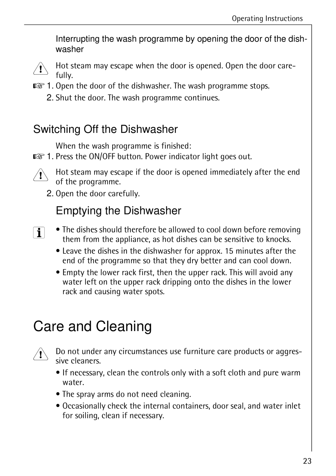 Electrolux 50500 manual Care and Cleaning, Switching Off the Dishwasher, Emptying the Dishwasher, Washer 