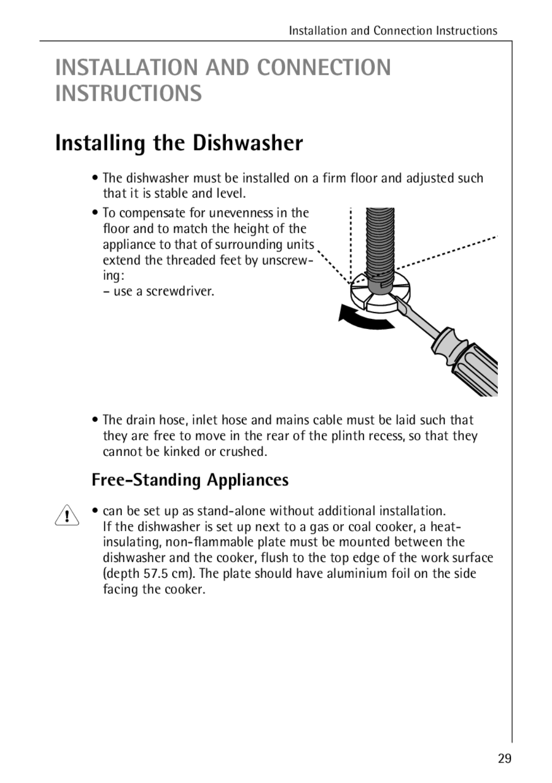 Electrolux 50500 manual Installing the Dishwasher, Free-Standing Appliances, Cannot be kinked or crushed 