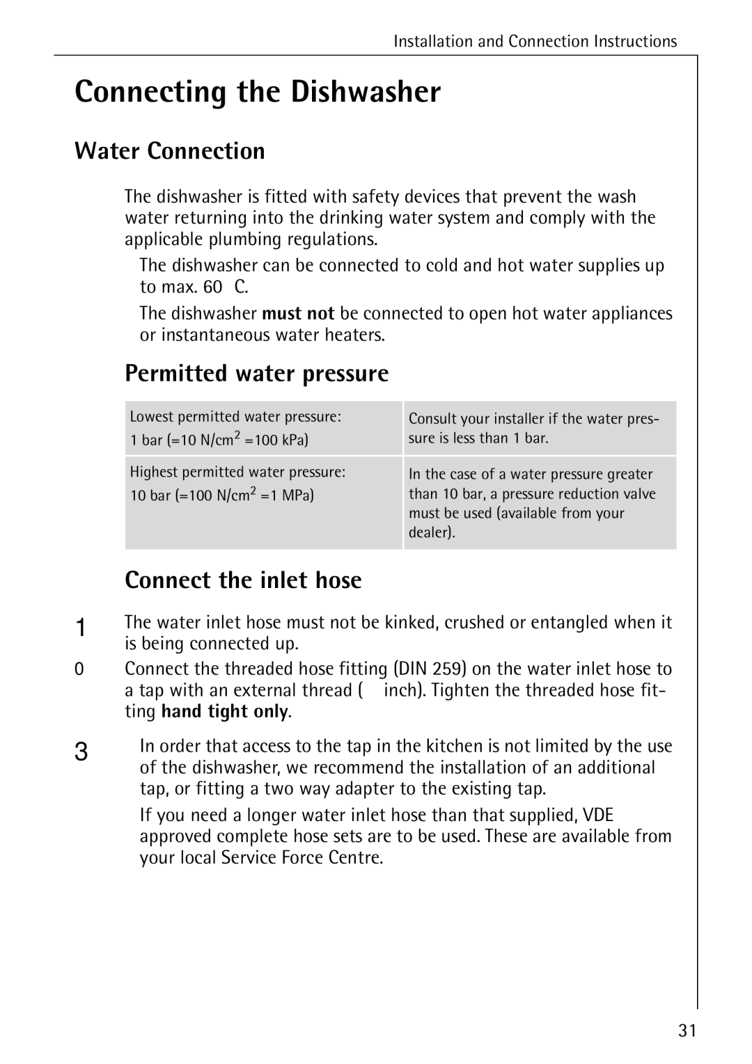 Electrolux 50500 manual Connecting the Dishwasher, Water Connection, Permitted water pressure, Connect the inlet hose 