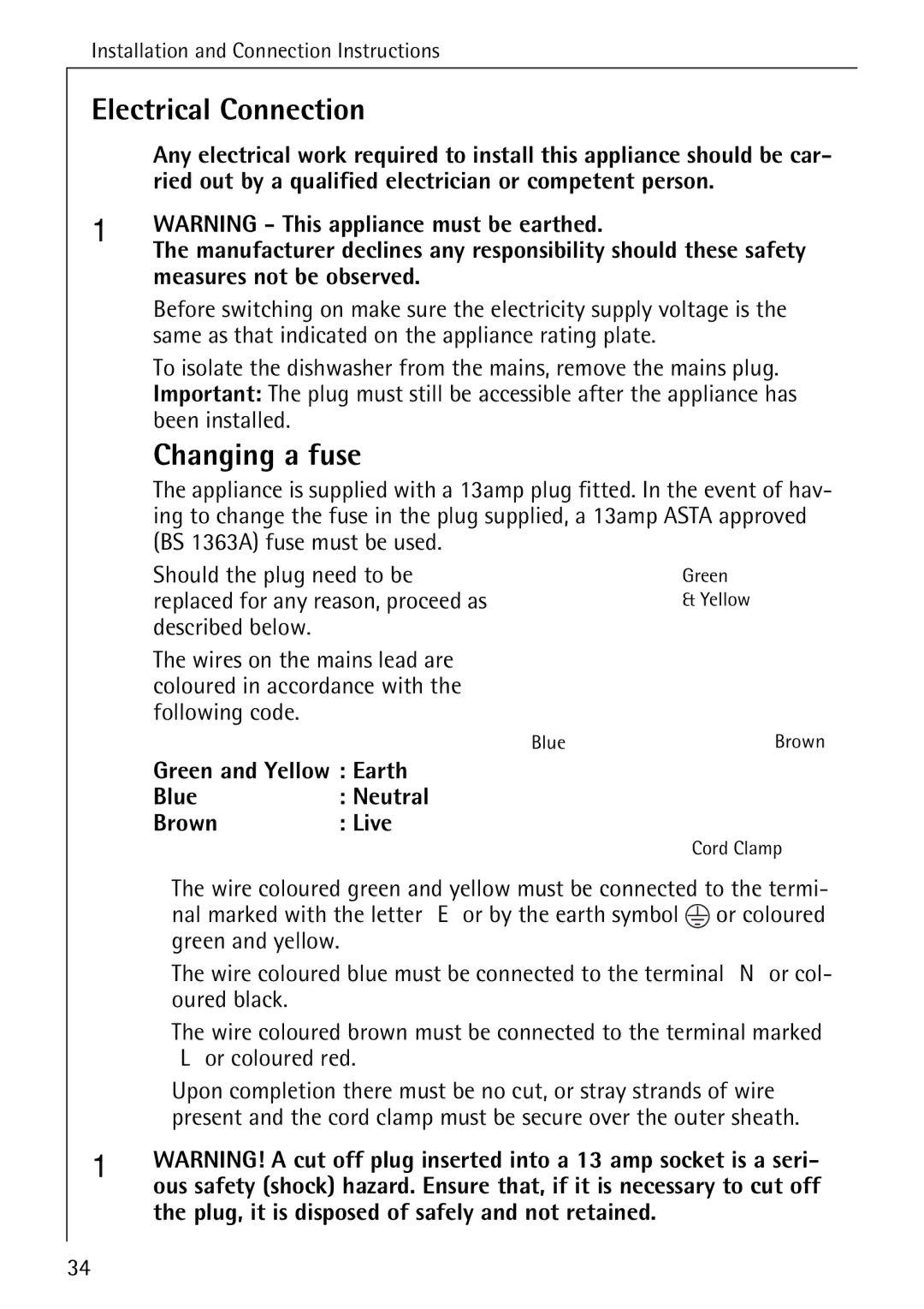 Electrolux 50500 manual Electrical Connection, Changing a fuse 