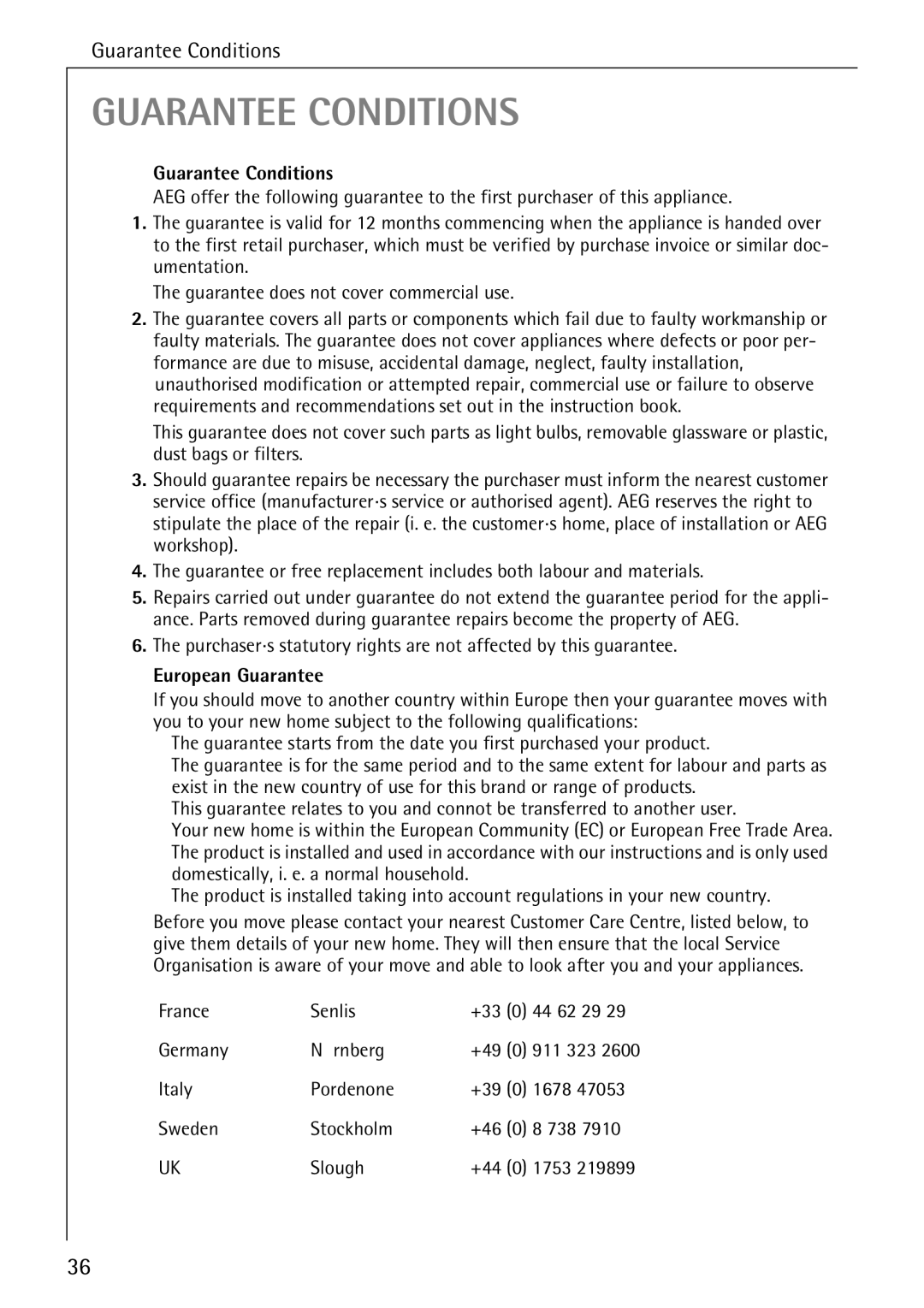 Electrolux 50500 manual Guarantee Conditions 