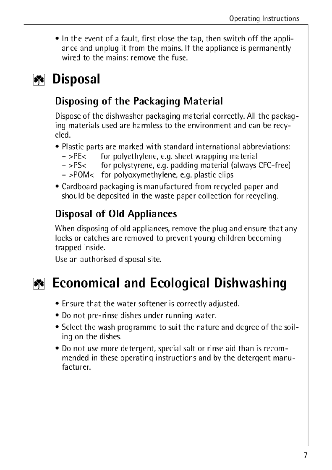 Electrolux 50500 manual Disposal, Economical and Ecological Dishwashing, Disposing of the Packaging Material 