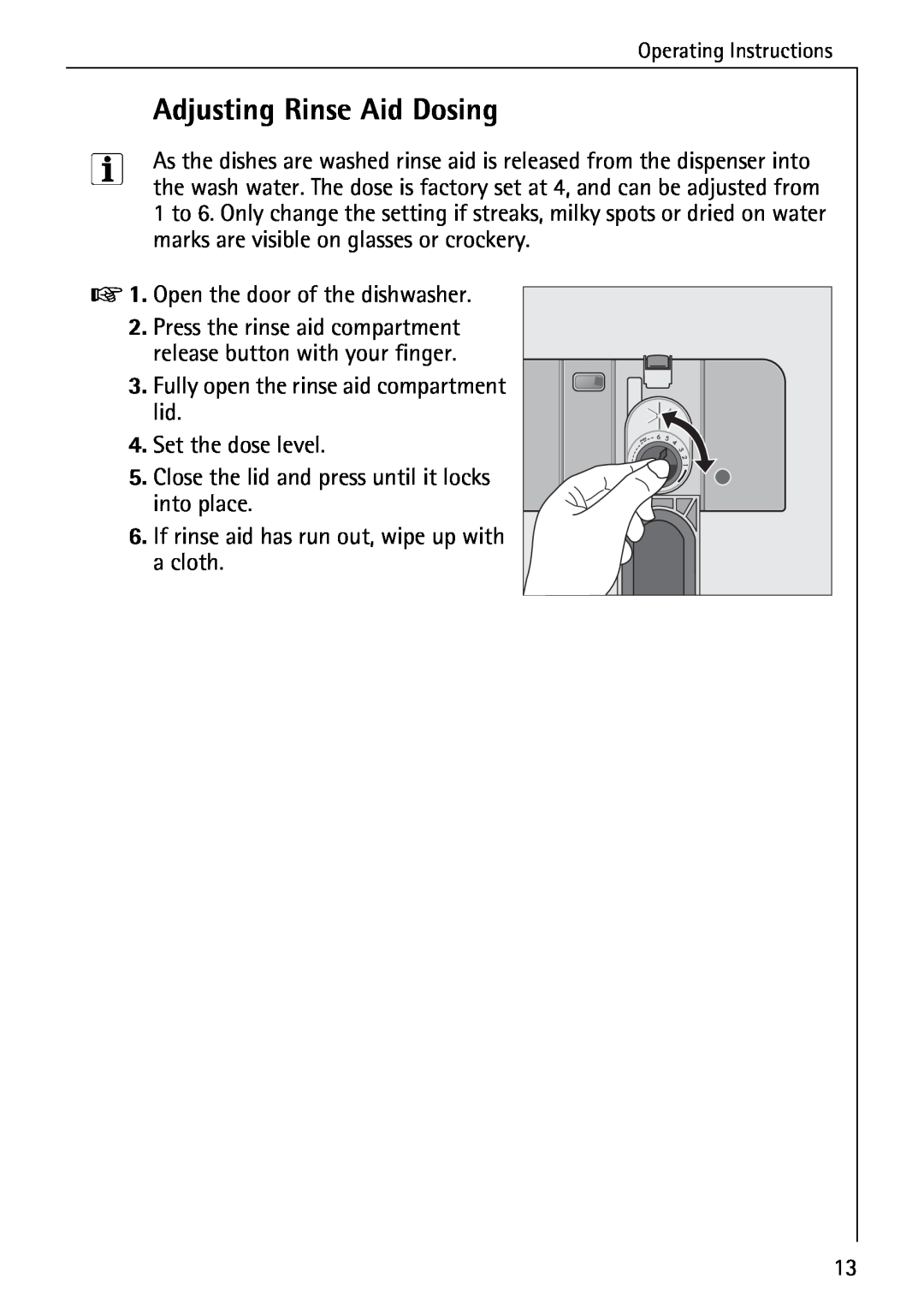Electrolux 50500 manual Adjusting Rinse Aid Dosing 
