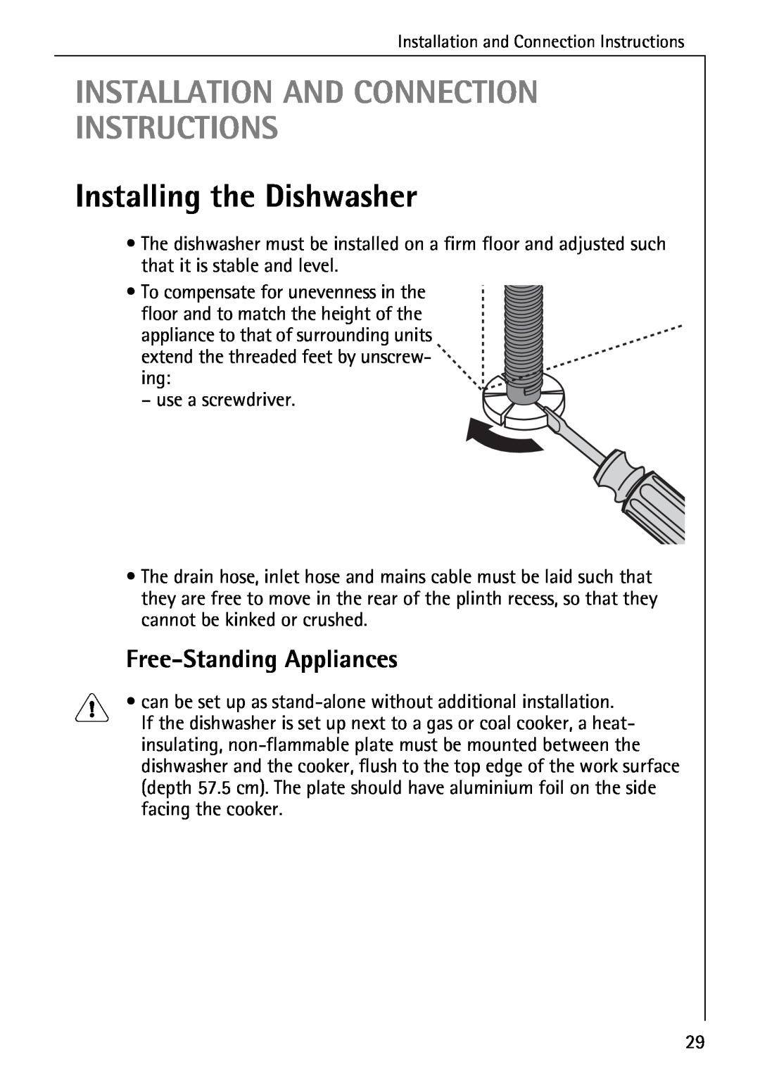 Electrolux 50500 manual Installation And Connection Instructions, Installing the Dishwasher, Free-Standing Appliances 