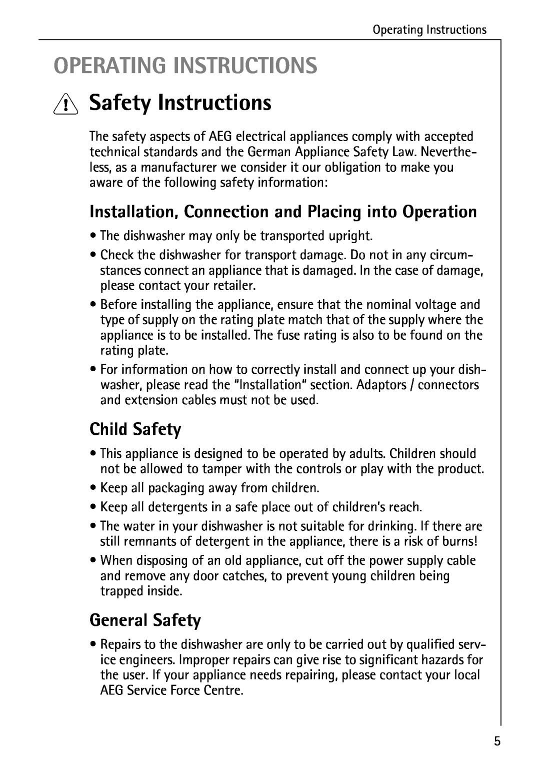 Electrolux 50500 manual Operating Instructions, Safety Instructions, Installation, Connection and Placing into Operation 