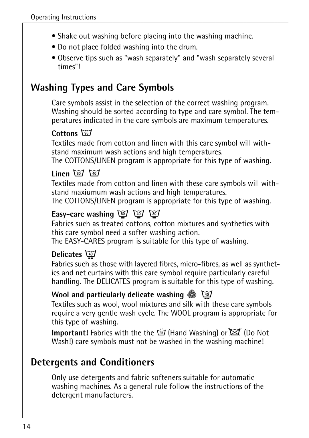 Electrolux 50520 manual Washing Types and Care Symbols, Detergents and Conditioners 