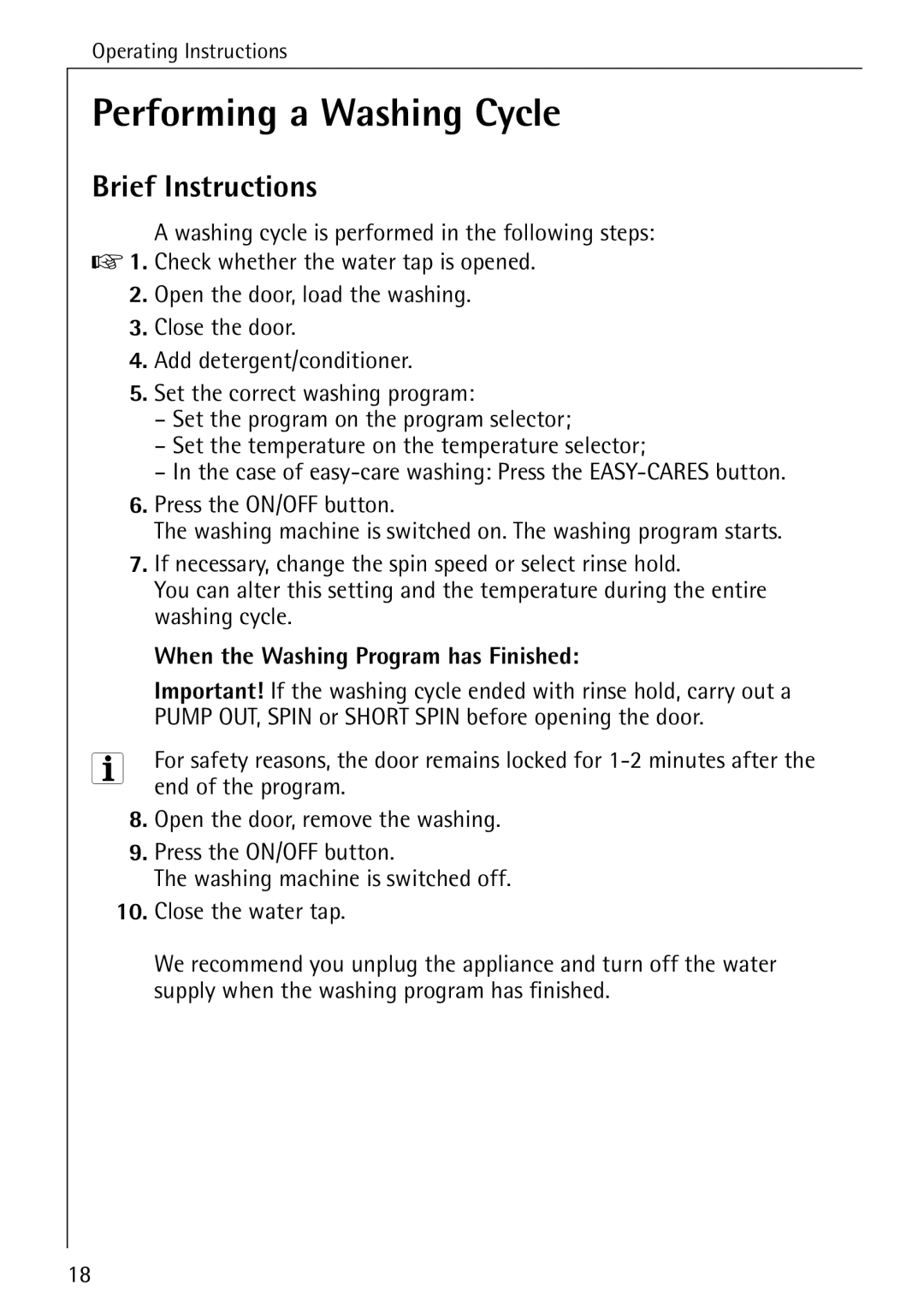 Electrolux 50520 manual Performing a Washing Cycle, Brief Instructions 