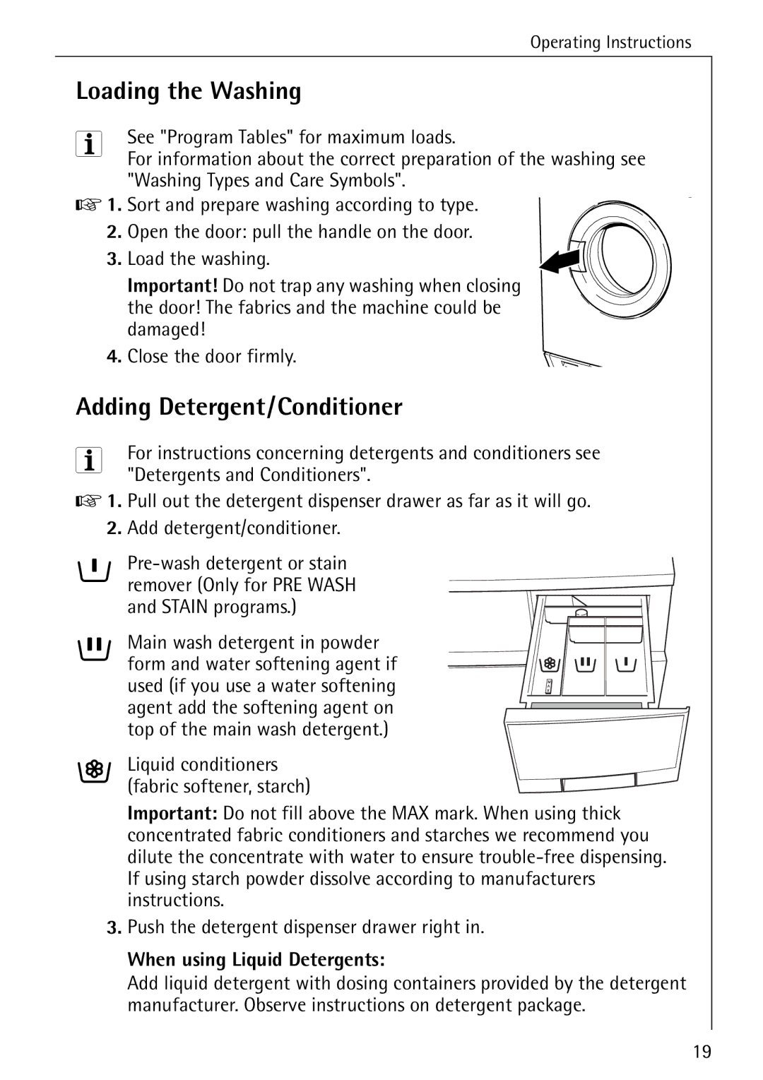 Electrolux 50520 manual Loading the Washing, Adding Detergent/Conditioner 