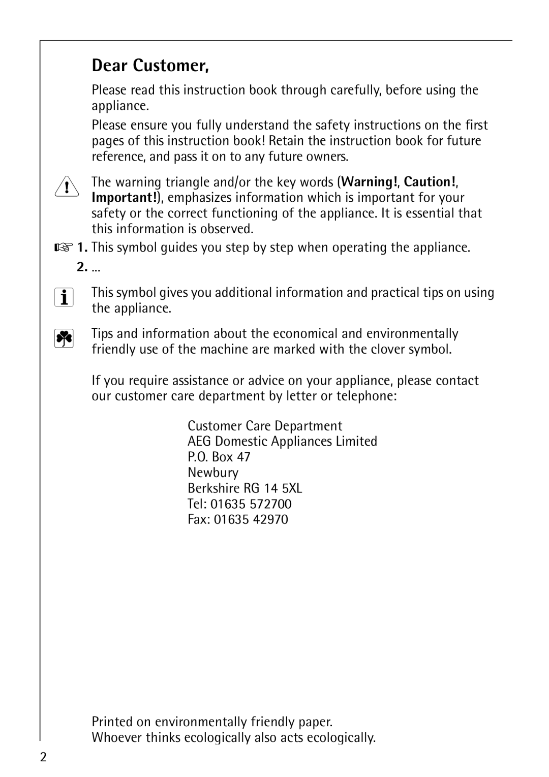 Electrolux 50520 manual Dear Customer 