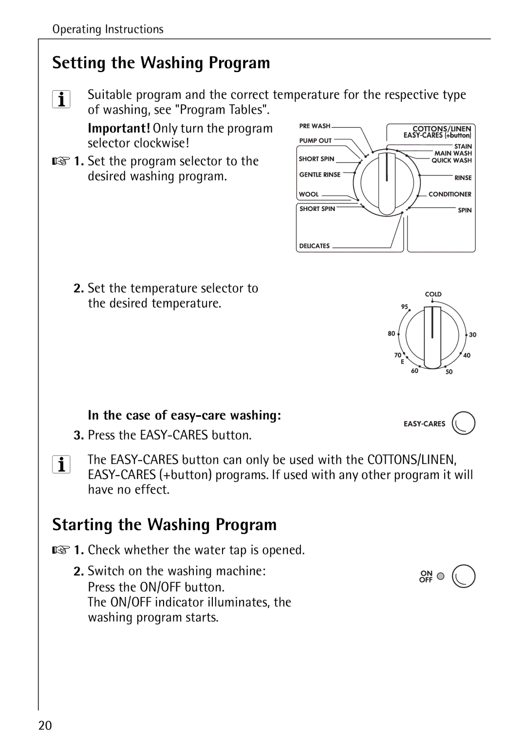 Electrolux 50520 manual Setting the Washing Program, Starting the Washing Program 