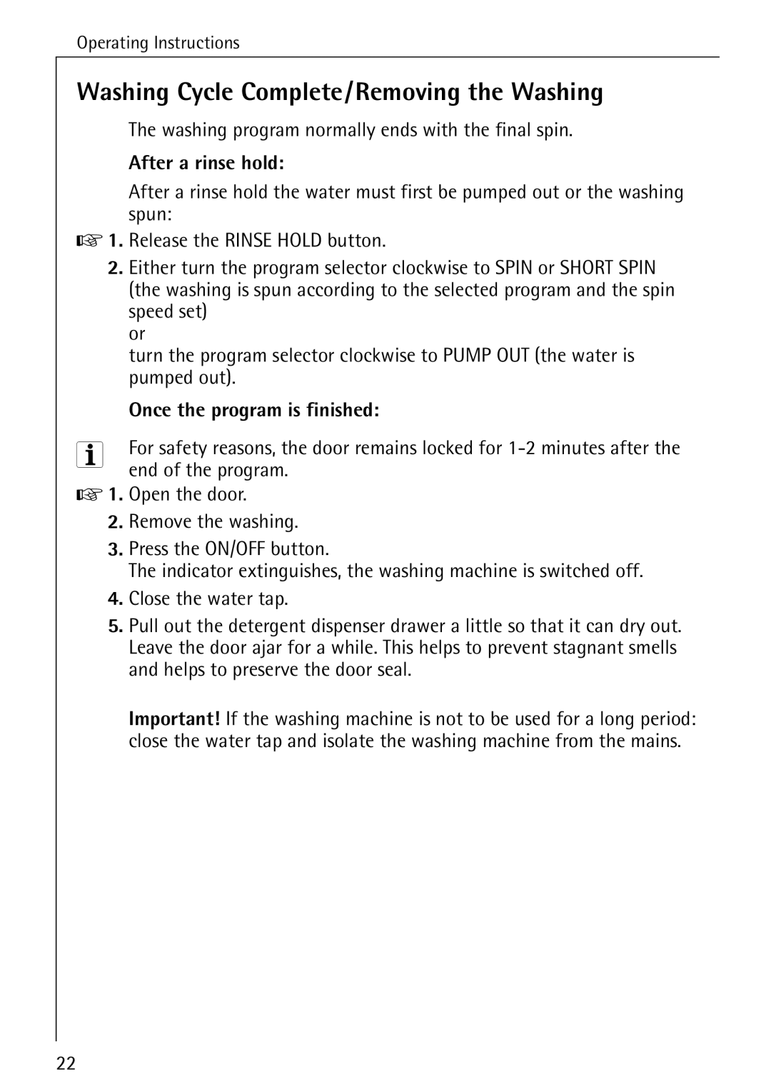 Electrolux 50520 manual Washing Cycle Complete/Removing the Washing 