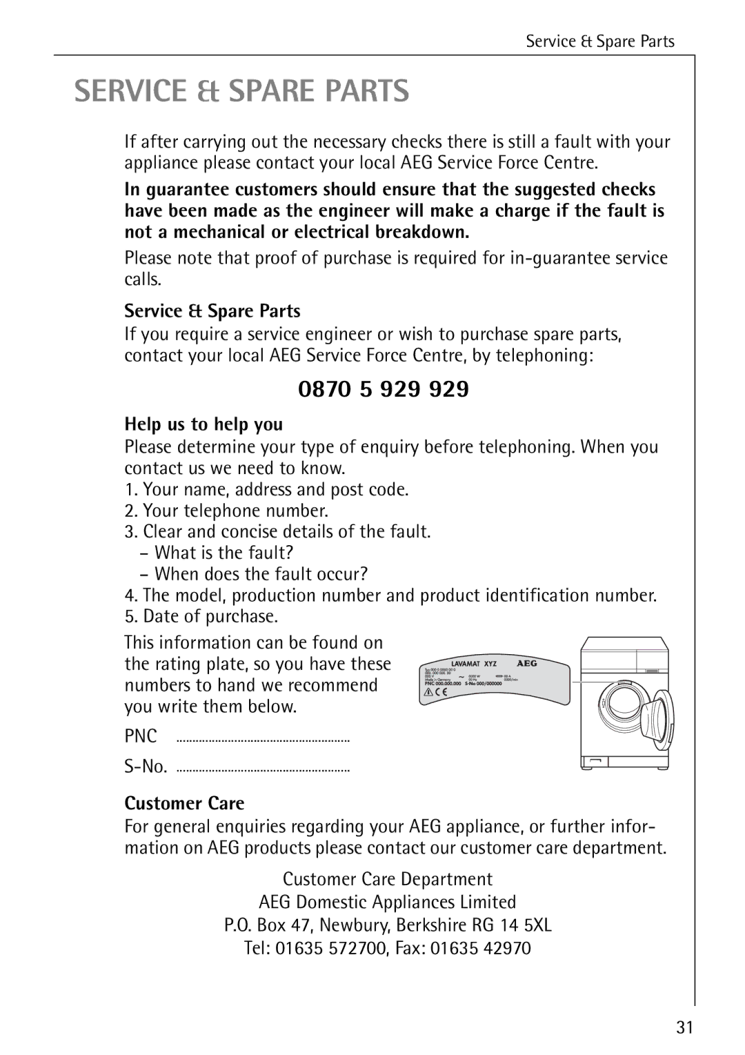 Electrolux 50520 manual Service & Spare Parts, 0870 5 929 