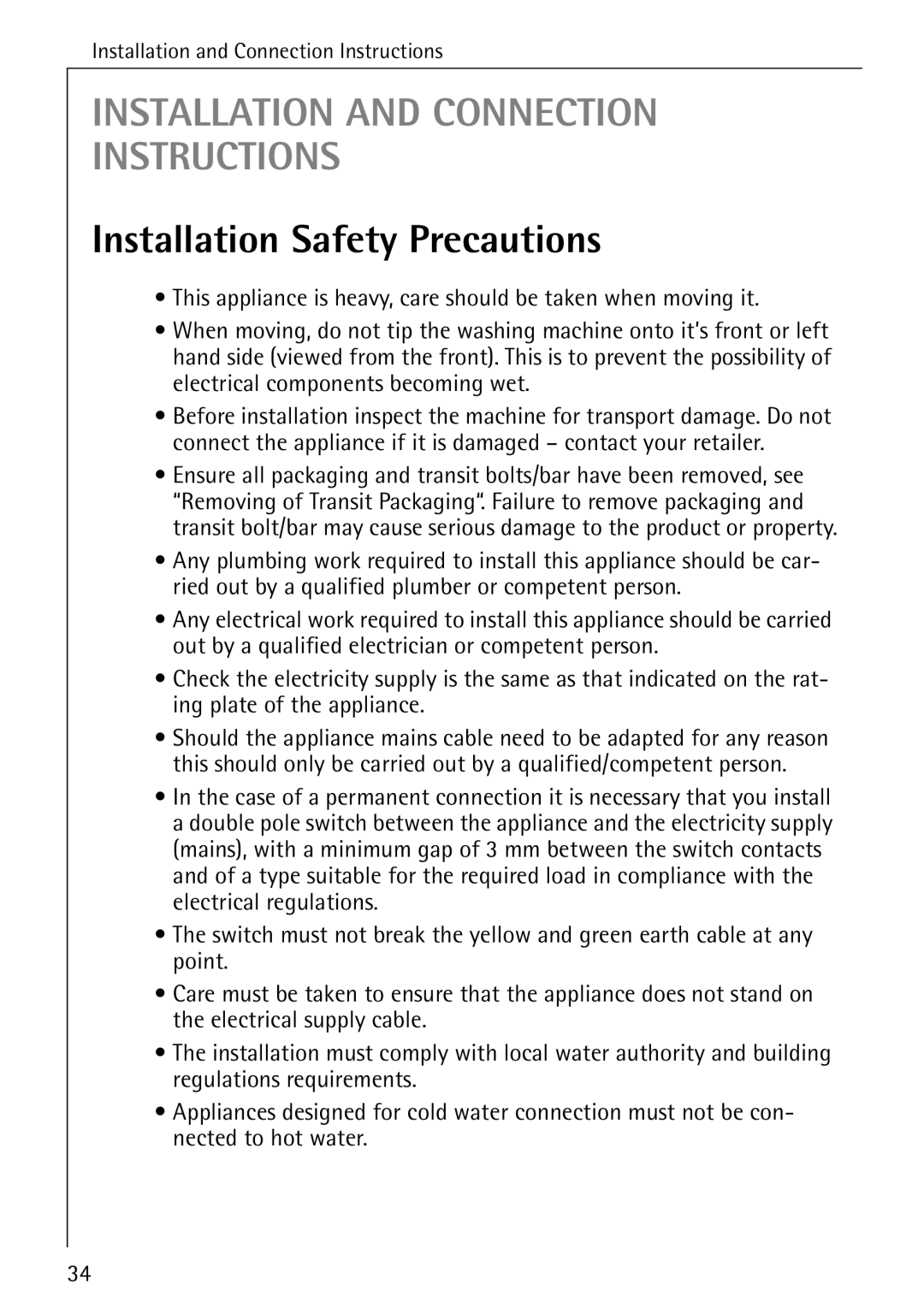 Electrolux 50520 manual Installation and Connection Instructions, Installation Safety Precautions 