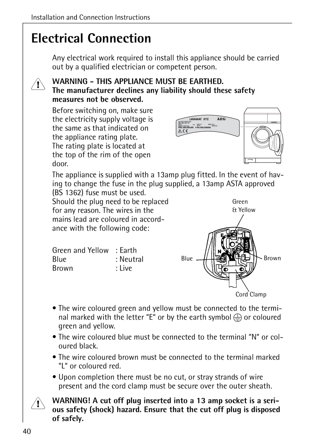 Electrolux 50520 manual Electrical Connection 