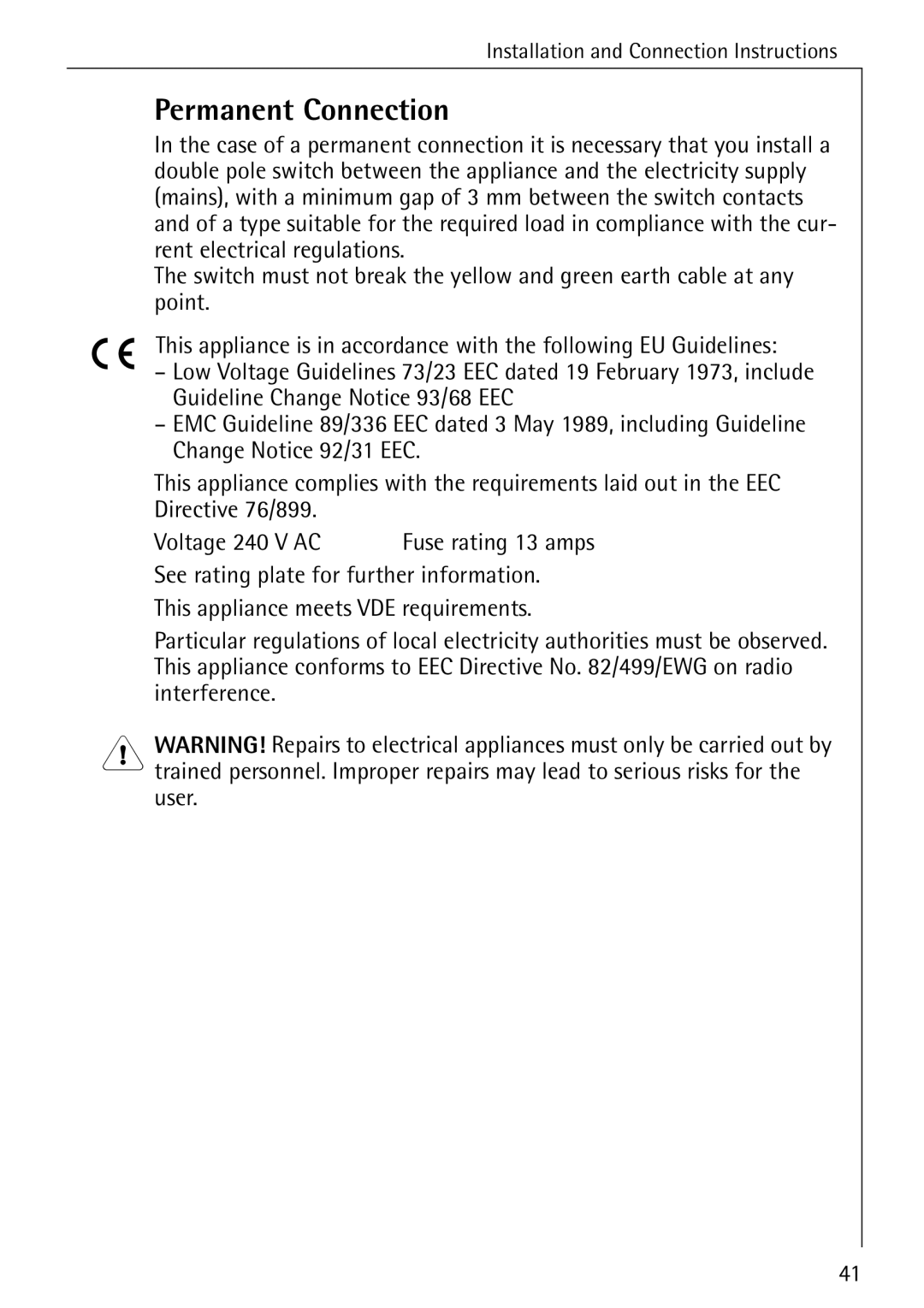 Electrolux 50520 manual Permanent Connection 