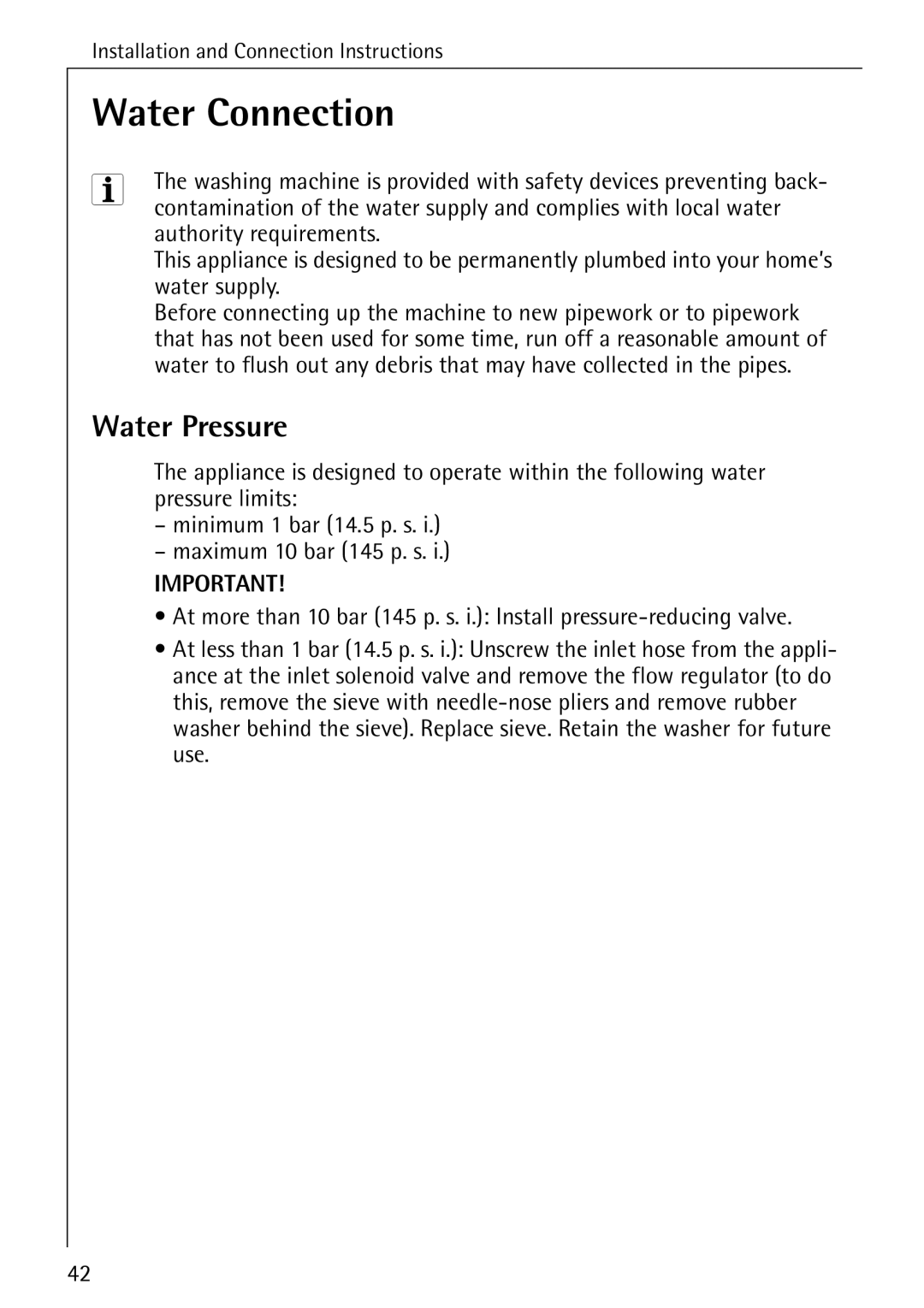 Electrolux 50520 manual Water Connection, Water Pressure 